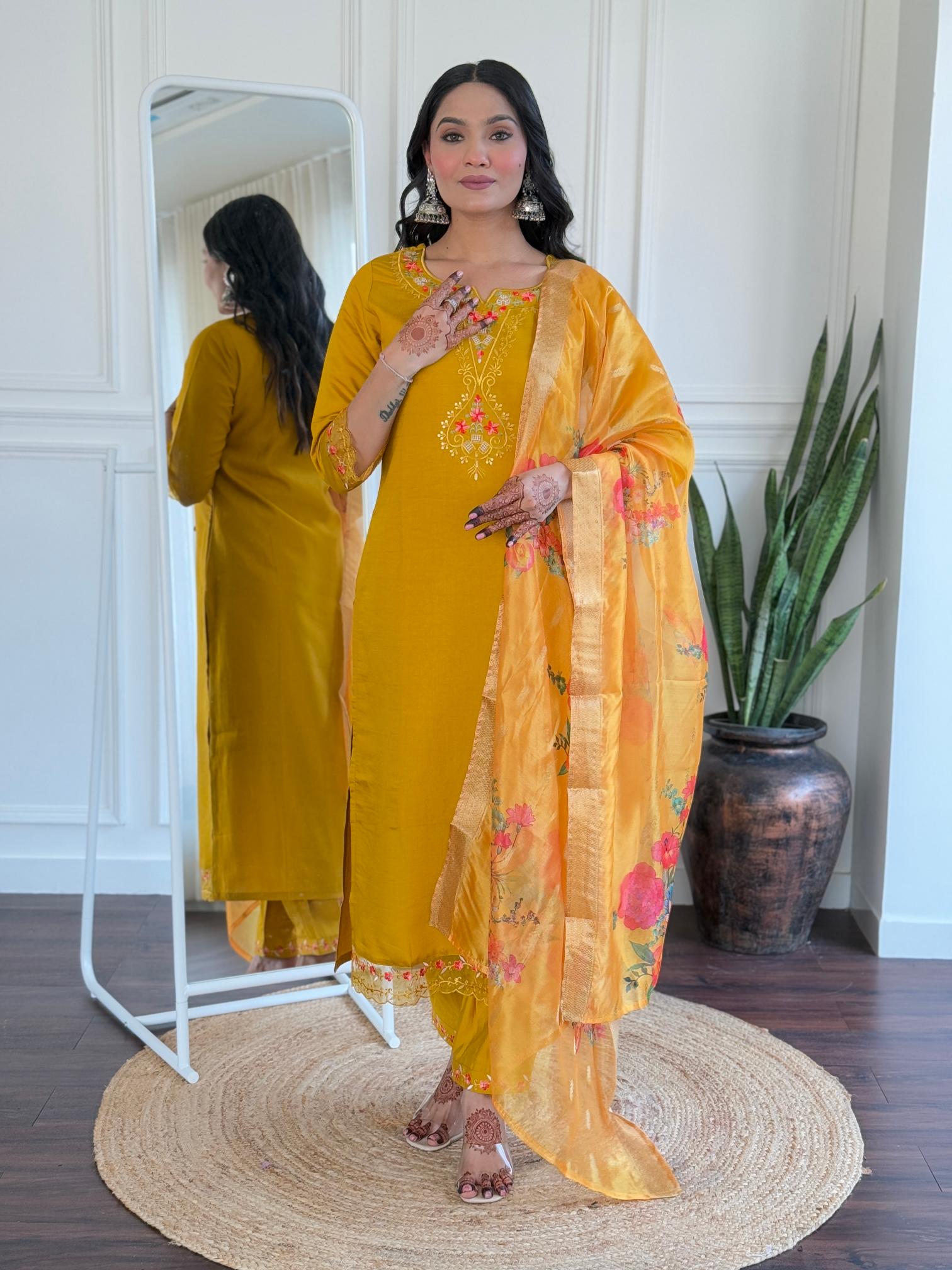 The52 Women's Roman Silk Embroidered Straight Kurta, Pant and Dupatta Set - Distacart