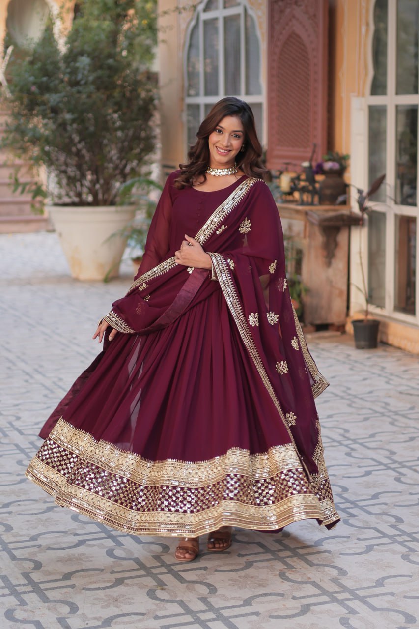 Teeya Creation Maroon Color Faux Georgette Heavy Embroidery Work Fully Stitched Gown - Distacart