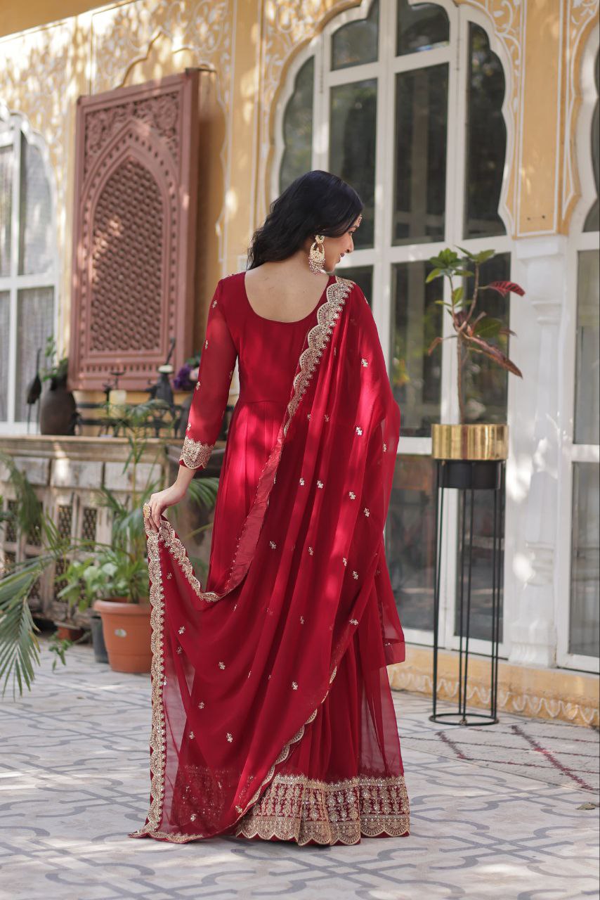 Teeya Creation Maroon Color Faux Georgette Heavy Embroidery Work Fully Stitched Gown - Distacart