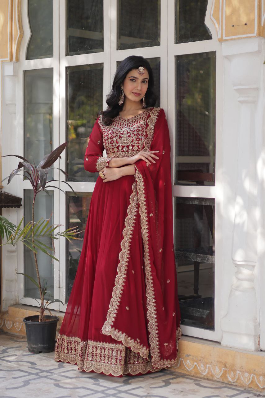 Teeya Creation Maroon Color Faux Georgette Heavy Embroidery Work Fully Stitched Gown - Distacart