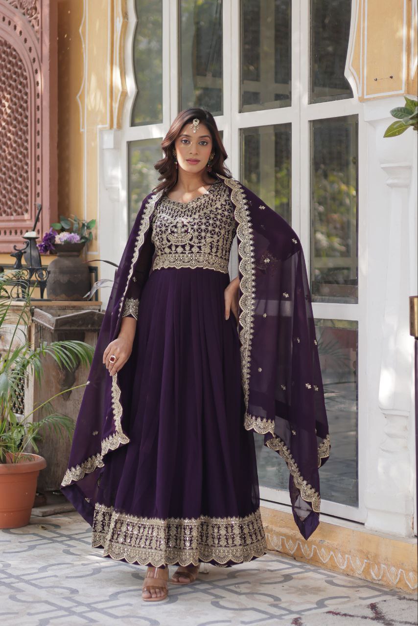 Teeya Creation Purple Color Faux Georgette Heavy Embroidery Work Fully Stitched Gown - Distacart