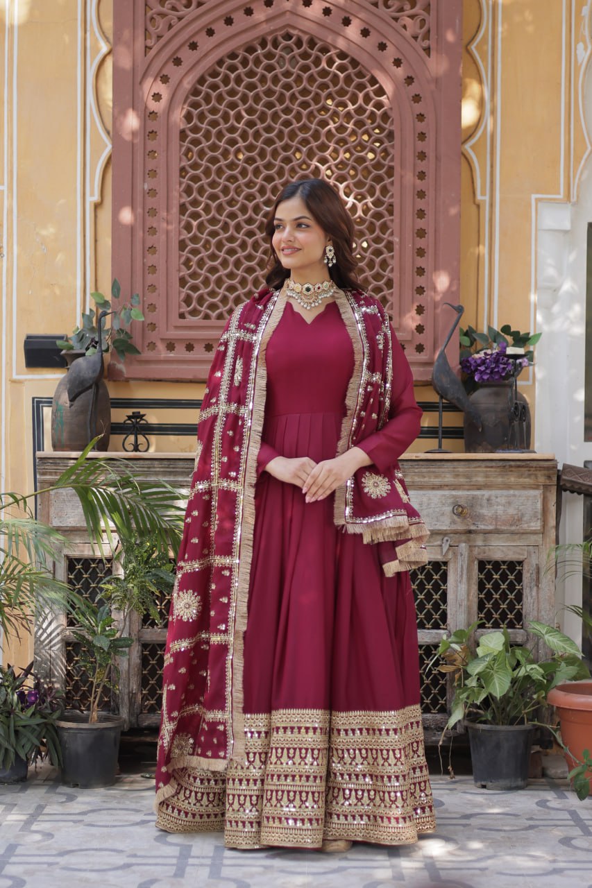 Teeya Creation Maroon Color Stra Georgette Heavy Embroidery Work Fully Stitched Gown - Distacart