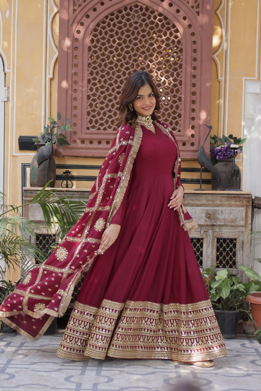 Teeya Creation Maroon Color Stra Georgette Heavy Embroidery Work Fully Stitched Gown - Distacart