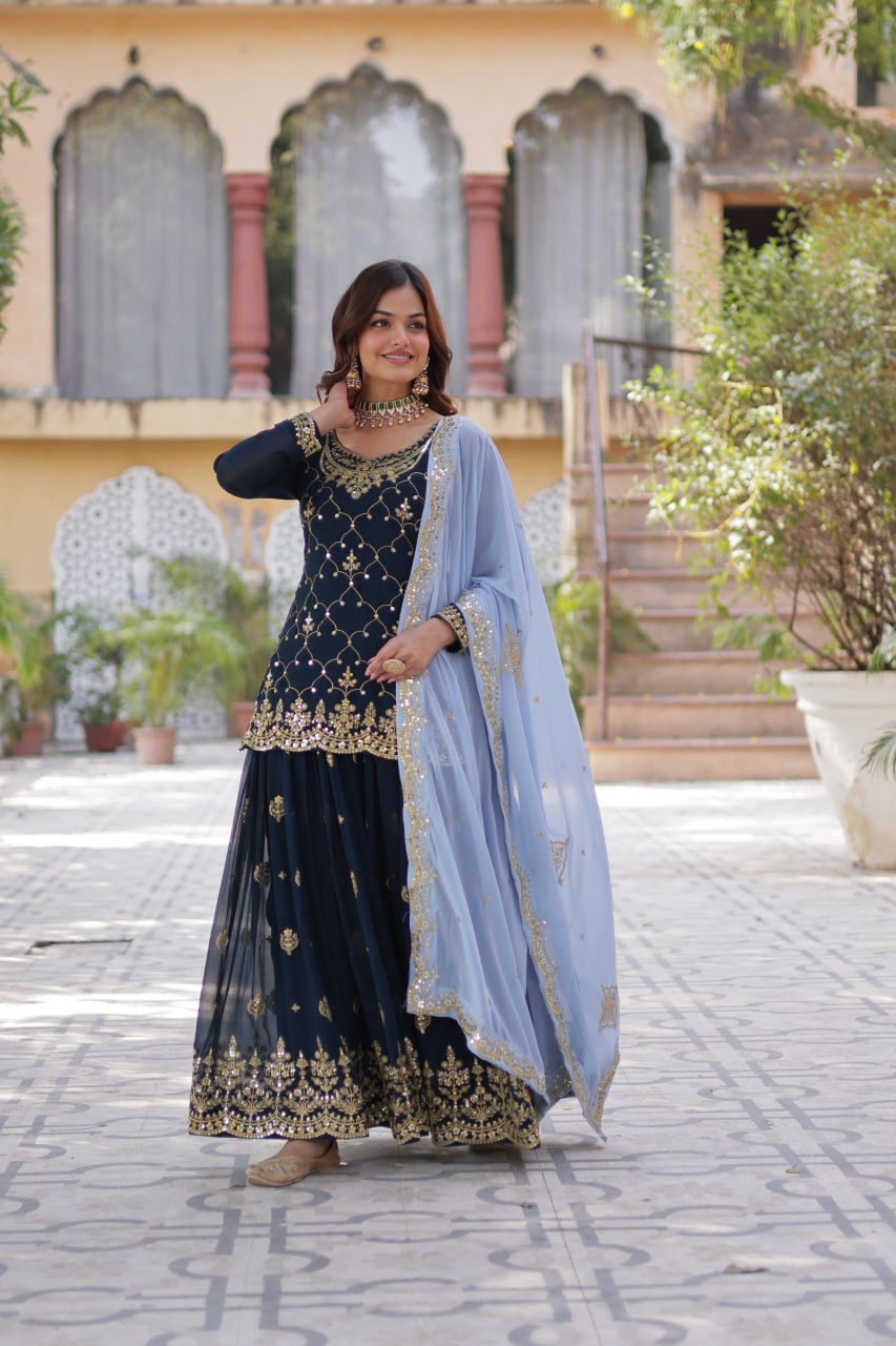 Teeya Creation Blue Color Faux georgette Heavy Embroidery Work Fully Stitched Palazzo - Distacart