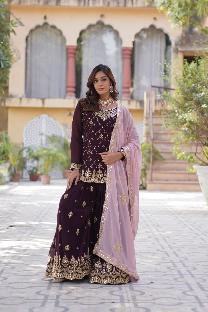 Teeya Creation Wine Color Faux georgette Heavy Embroidery Work Fully Stitched Palazzo - Distacart