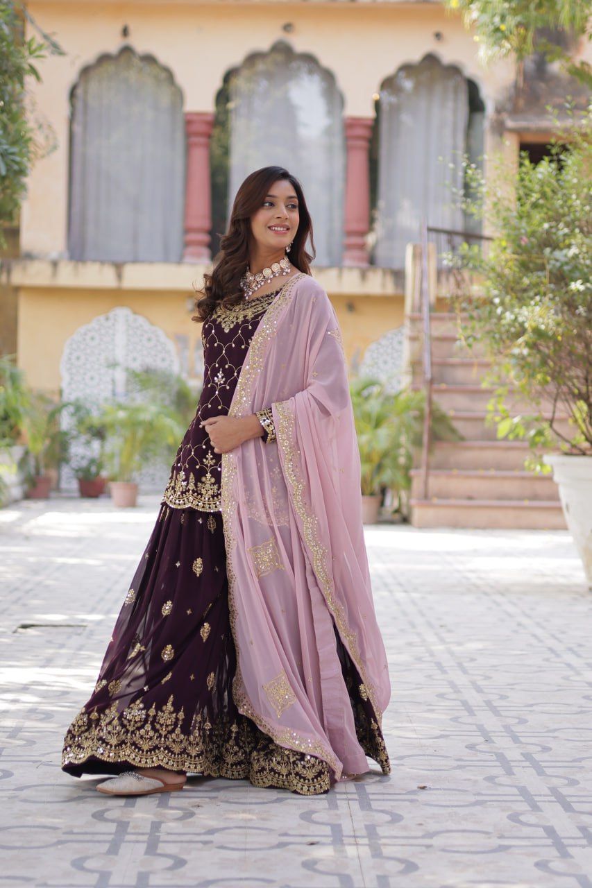 Teeya Creation Wine Color Faux georgette Heavy Embroidery Work Fully Stitched Palazzo - Distacart
