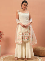 Thumbnail for Teeya Creation Cream Color Faux georgette Heavy Embroidery Work Fully Stitched Sharara Set - Distacart