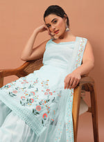 Thumbnail for Teeya Creation Sky Color Faux georgette Heavy Embroidery Work Fully Stitched Sharara Set - Distacart