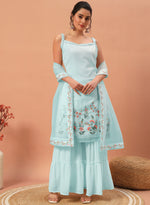 Thumbnail for Teeya Creation Sky Color Faux georgette Heavy Embroidery Work Fully Stitched Sharara Set - Distacart