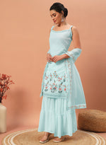 Thumbnail for Teeya Creation Sky Color Faux georgette Heavy Embroidery Work Fully Stitched Sharara Set - Distacart