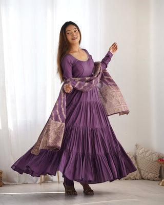 Teeya Creation Violet Color Pure Roman Silk Chanderi Fully Flared Anarkali Gown - Distacart