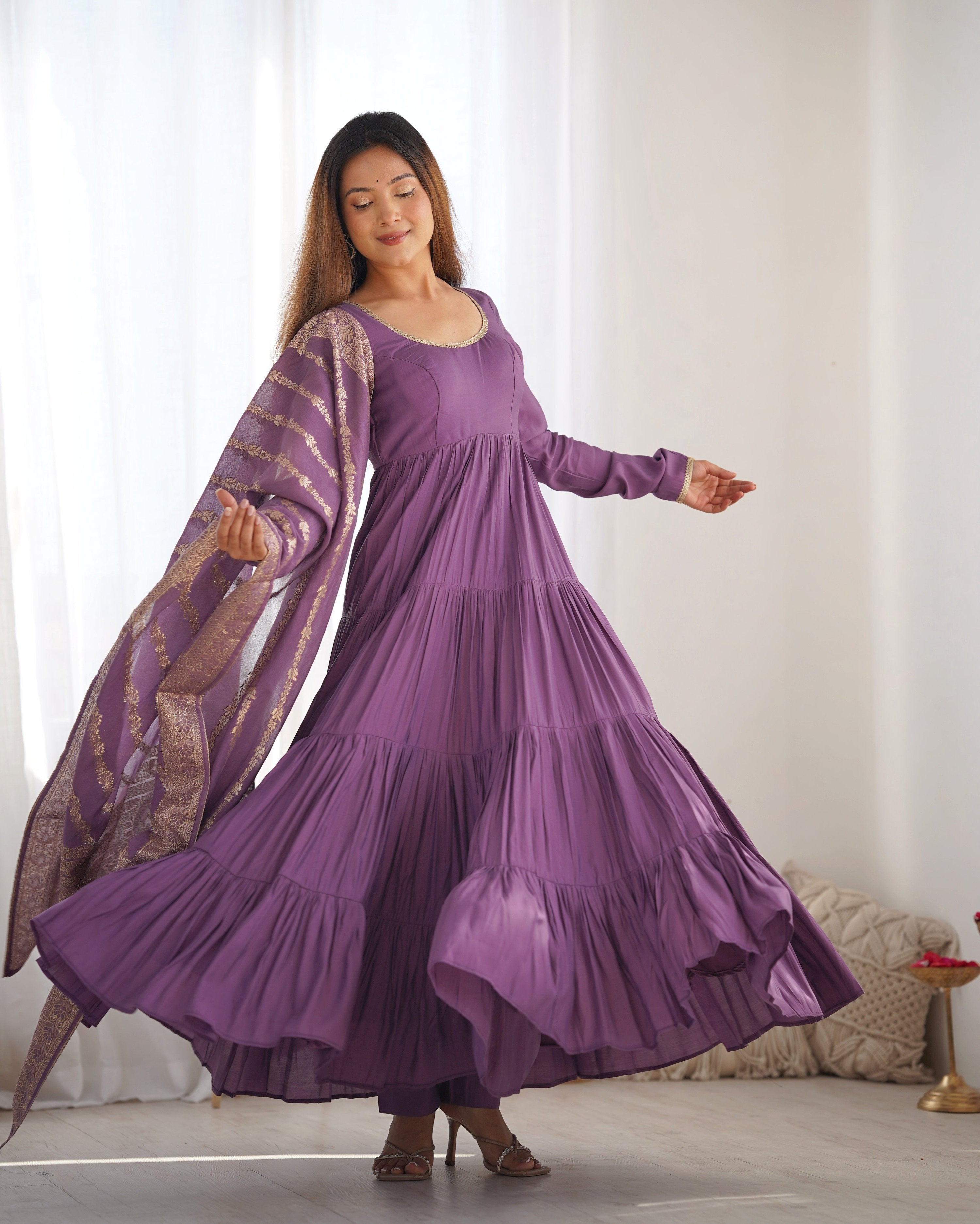 Teeya Creation Violet Color Pure Roman Silk Chanderi Fully Flared Anarkali Gown - Distacart