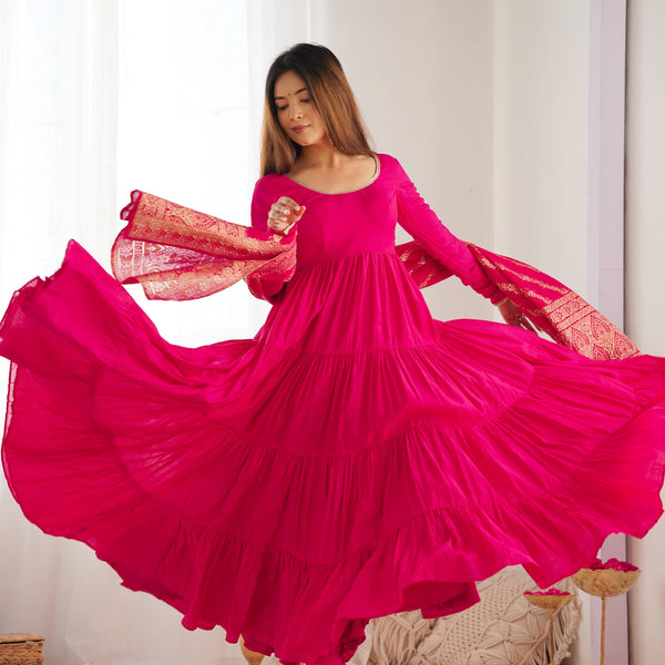 Teeya Creation Pink Color Pure Roman Silk Chanderi Fully Flared Anarkali Gown - Distacart