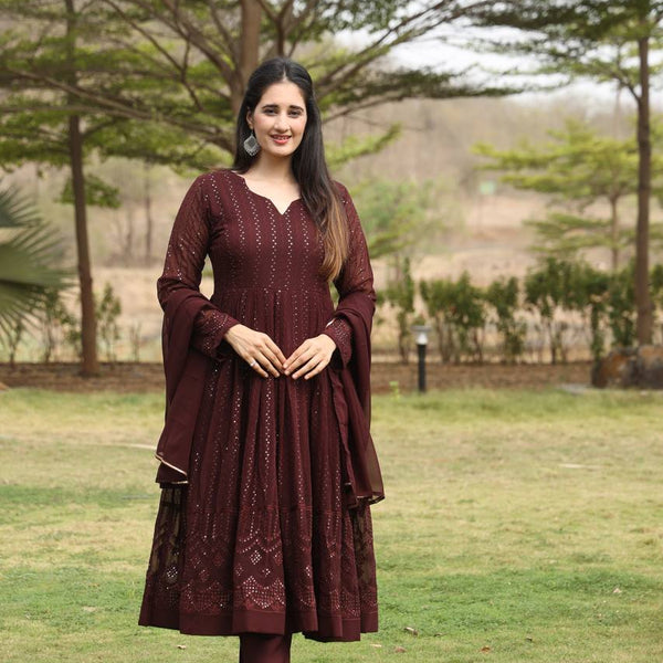 Teeya Creation Coffee Color Georgette Fabric Heavy Embroidery Work Fully Stitched Gown - Distacart