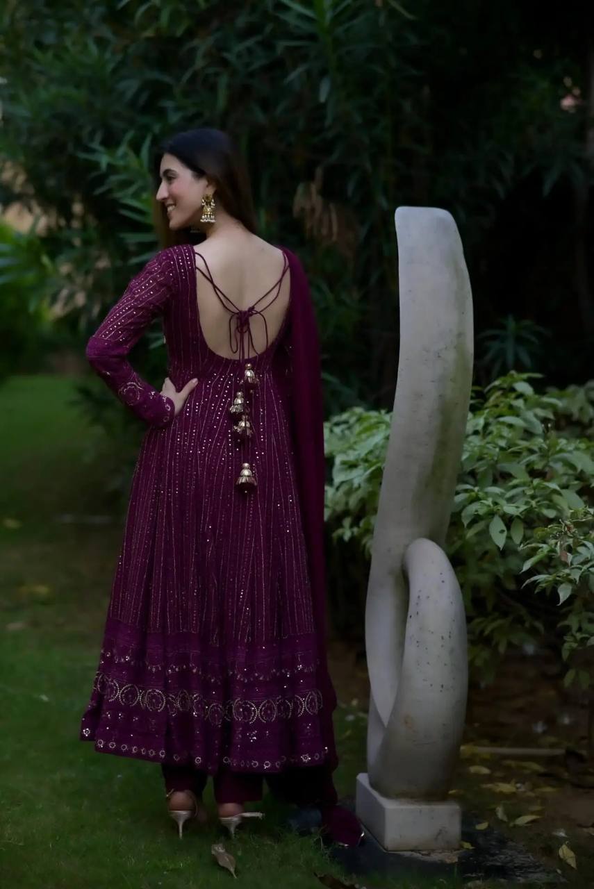 Teeya Creation Wine Color Georgette Fabric Heavy Embroidery Work Fully Stitched Gown - Distacart