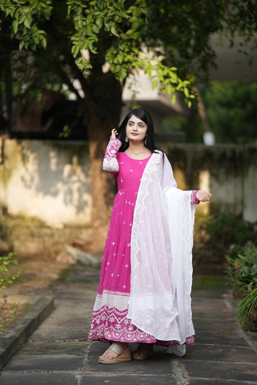 Teeya Creation Pink Color Georgette Fabric Heavy Embroidery Work Fully Stitched Gown - Distacart