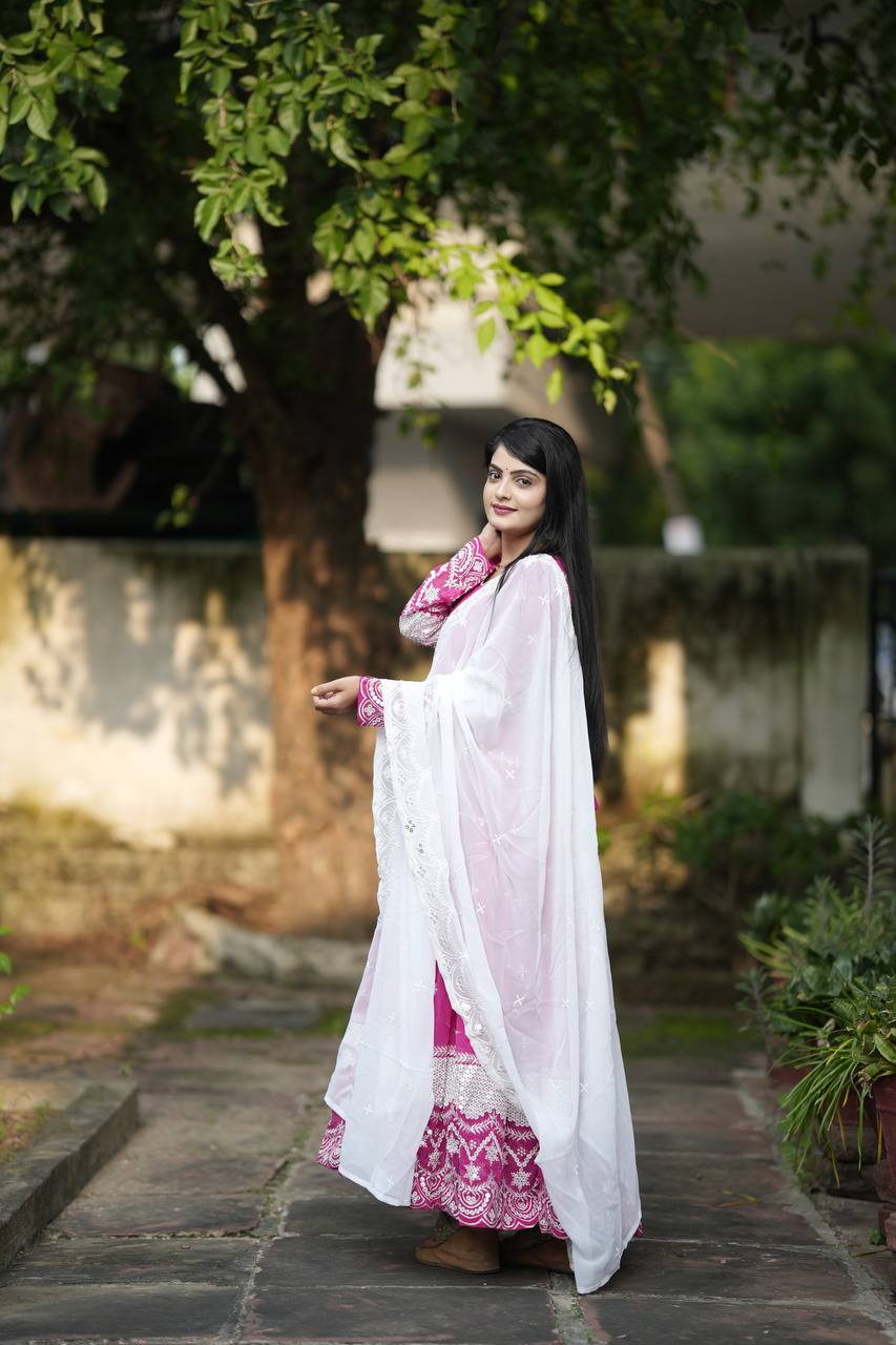 Teeya Creation Pink Color Georgette Fabric Heavy Embroidery Work Fully Stitched Gown - Distacart