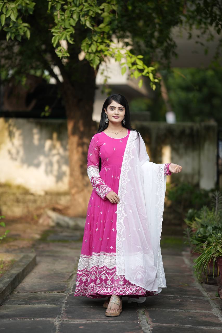 Teeya Creation Pink Color Georgette Fabric Heavy Embroidery Work Fully Stitched Gown - Distacart