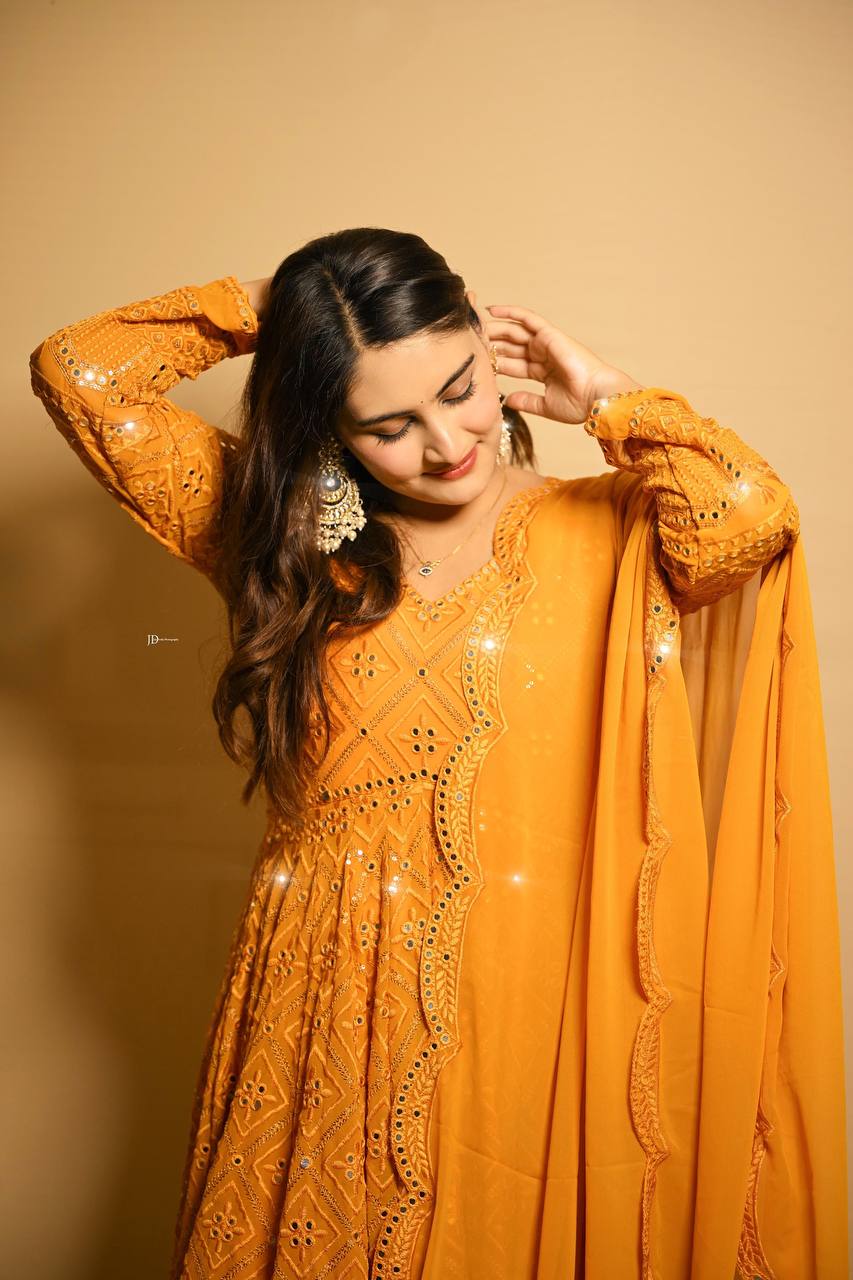 Teeya Creation Yellow Color Georgette Fabric Heavy Embroidery Work Fully Stitched Gown - Distacart