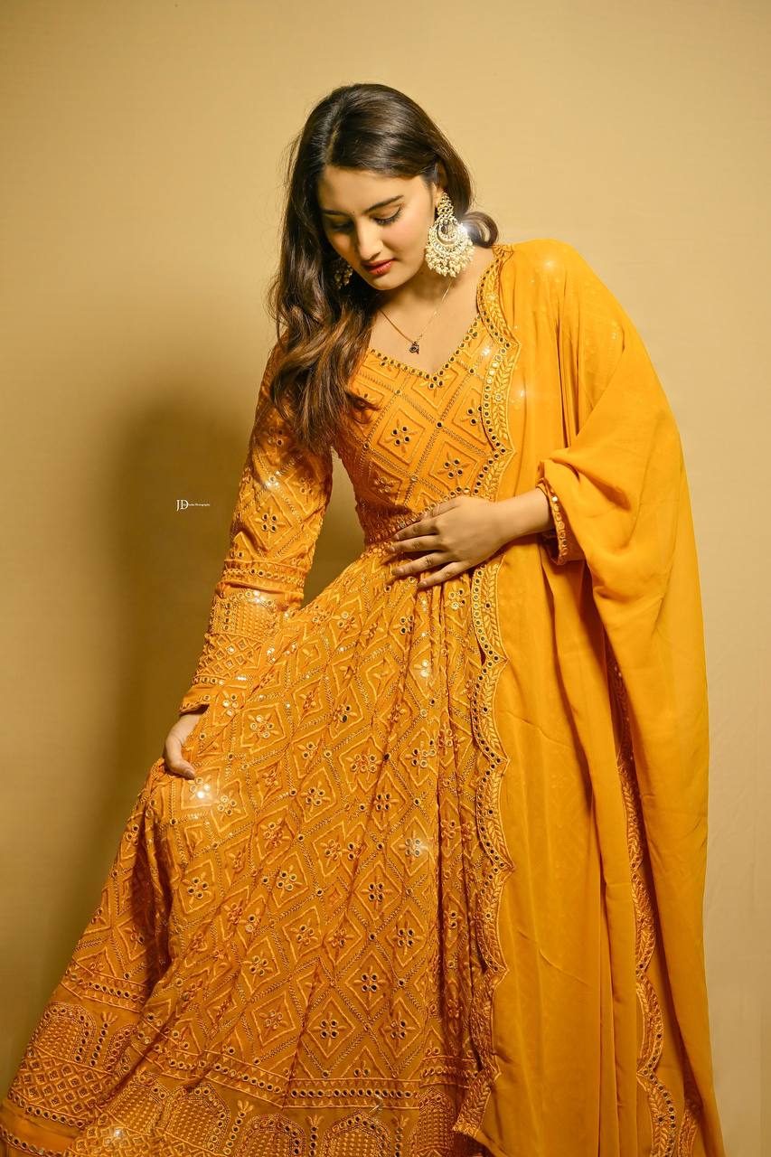 Teeya Creation Yellow Color Georgette Fabric Heavy Embroidery Work Fully Stitched Gown - Distacart