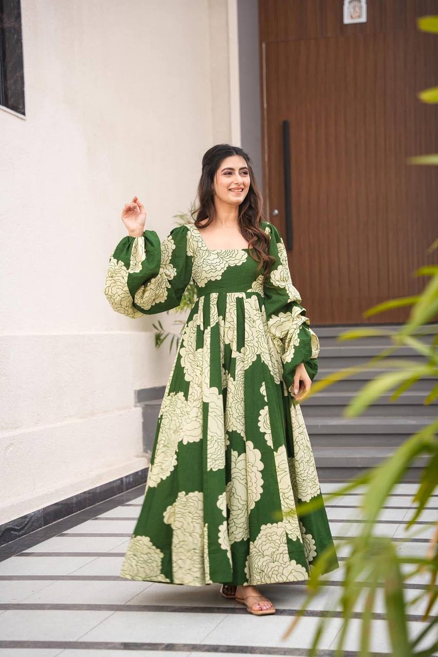 Teeya Creation Mahendi Green Color Muslin Silk Digital Printed Anarkali gown - Distacart