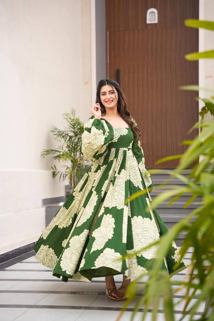Teeya Creation Mahendi Green Color Muslin Silk Digital Printed Anarkali gown - Distacart