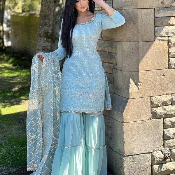 Teeya Creation Sky Colour Chinon Silk Heavy Embroidery Work Fully Stitched Salwar Suit - Distacart