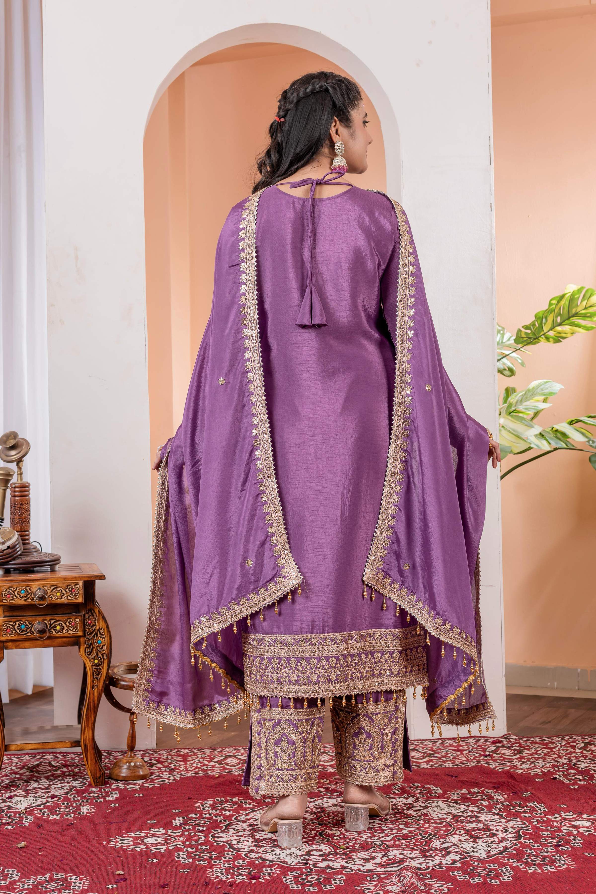 Teeya Creation Lavender Color Chinon Silk Heavy Embroidery Work Fully Stitched Salwar Suit - Distacart