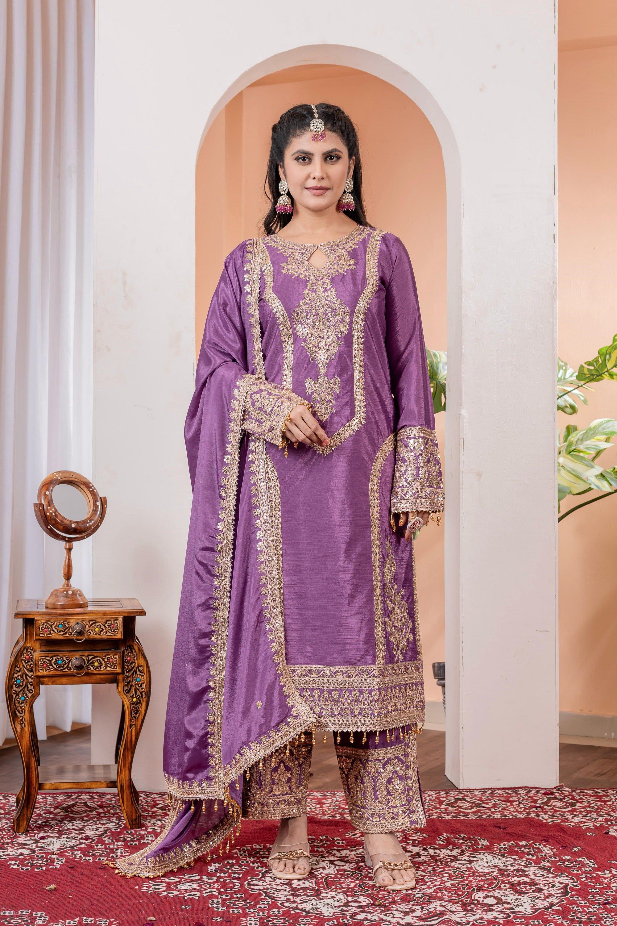 Teeya Creation Lavender Color Chinon Silk Heavy Embroidery Work Fully Stitched Salwar Suit - Distacart