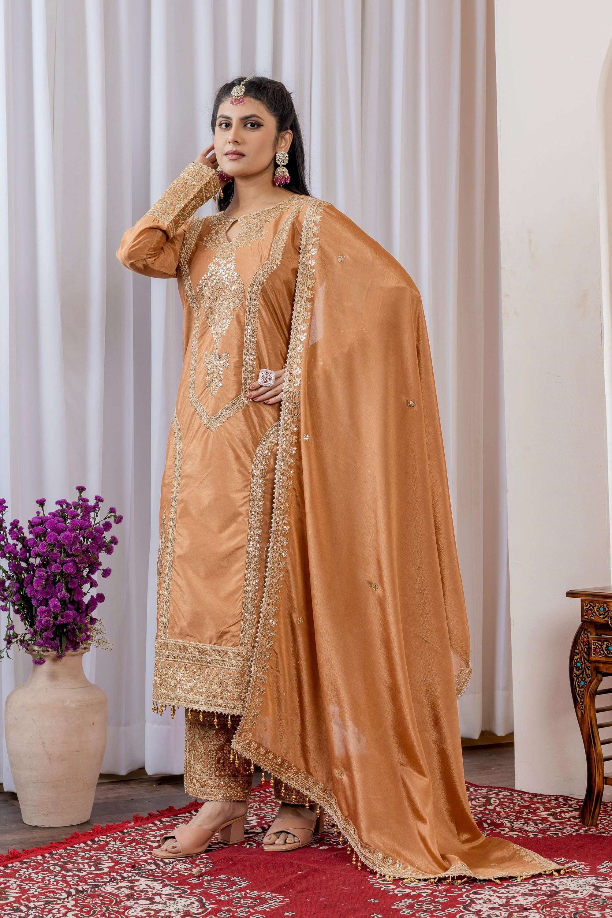 Teeya Creation Peach Color Chinon Silk Heavy Embroidery Work Fully Stitched Salwar Suit - Distacart