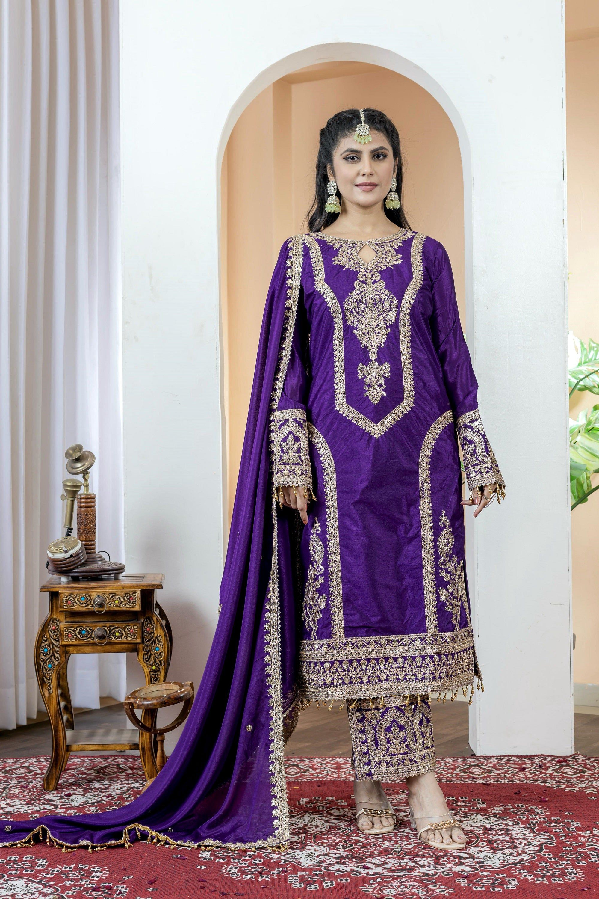 Teeya Creation Purple Color Chinon Silk Heavy Embroidery Work Fully Stitched Salwar Suit - Distacart