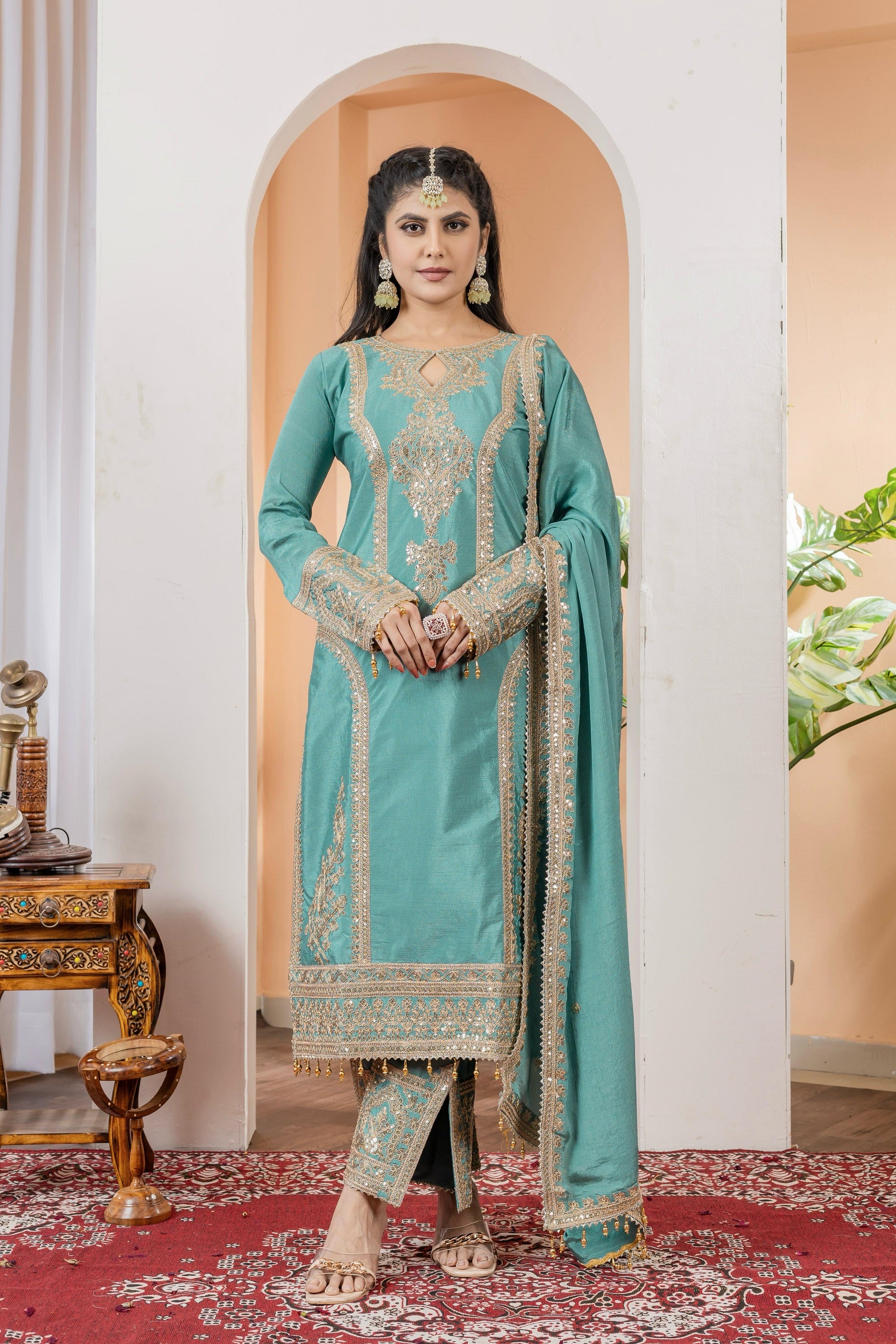 Teeya Creation Turquoise Color Chinon Silk Heavy Embroidery Work Fully Stitched Salwar Suit - Distacart