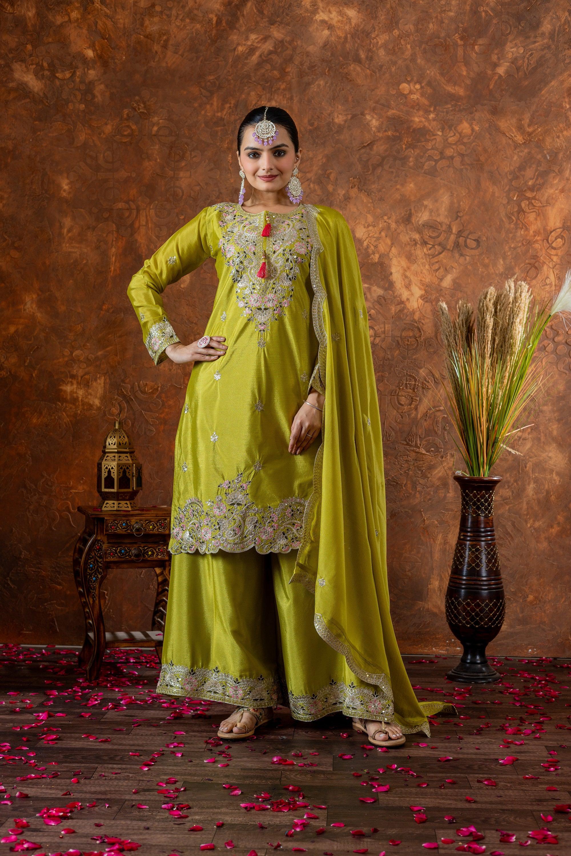 Teeya Creation Olive Color Chinon Silk Heavy Embroidery Work Fully Stitched Salwar Suit - Distacart