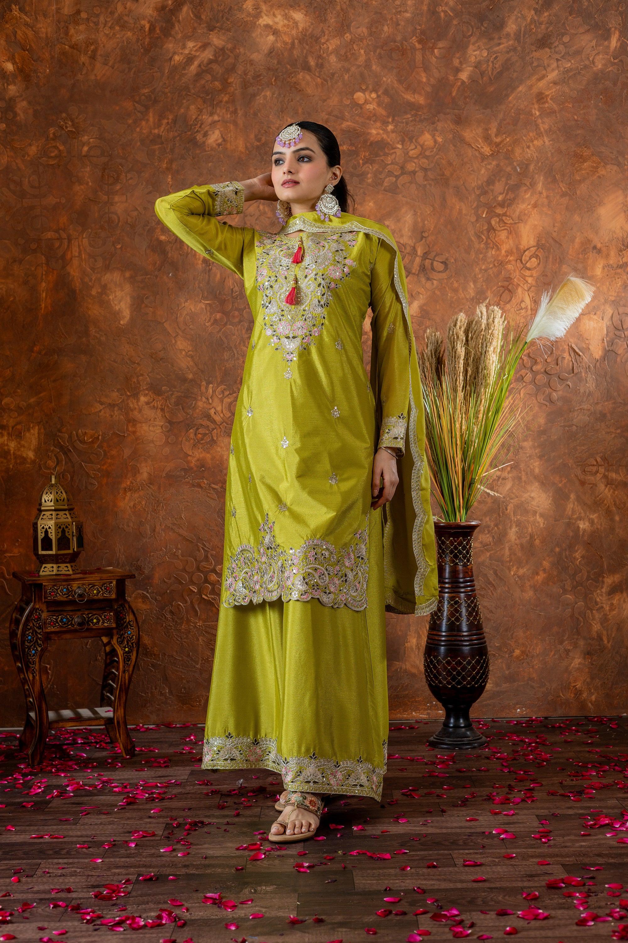 Teeya Creation Olive Color Chinon Silk Heavy Embroidery Work Fully Stitched Salwar Suit - Distacart