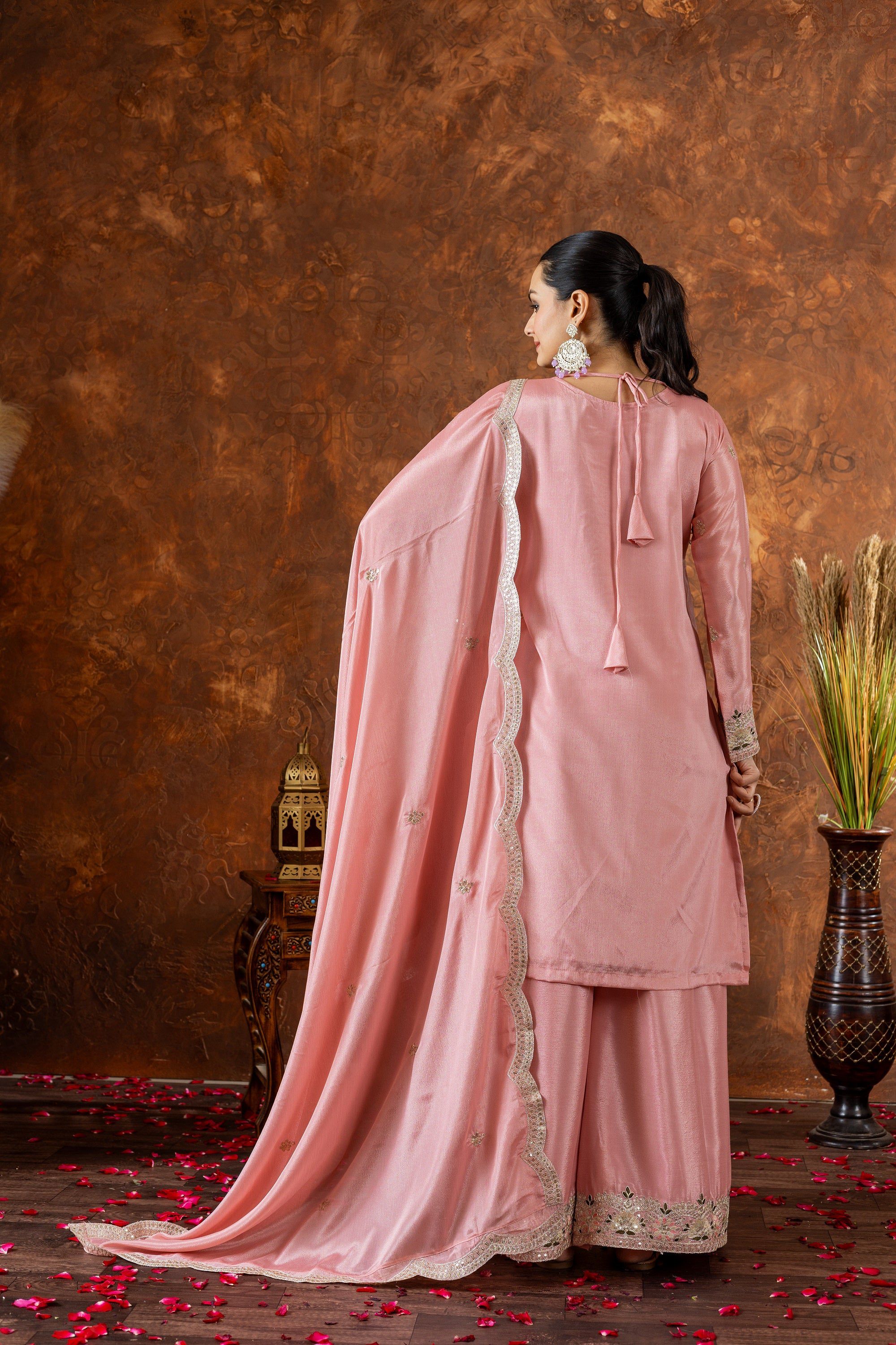 Teeya Creation Peach Color Chinon Silk Heavy Embroidery Work Fully Stitched Salwar Suit - Distacart