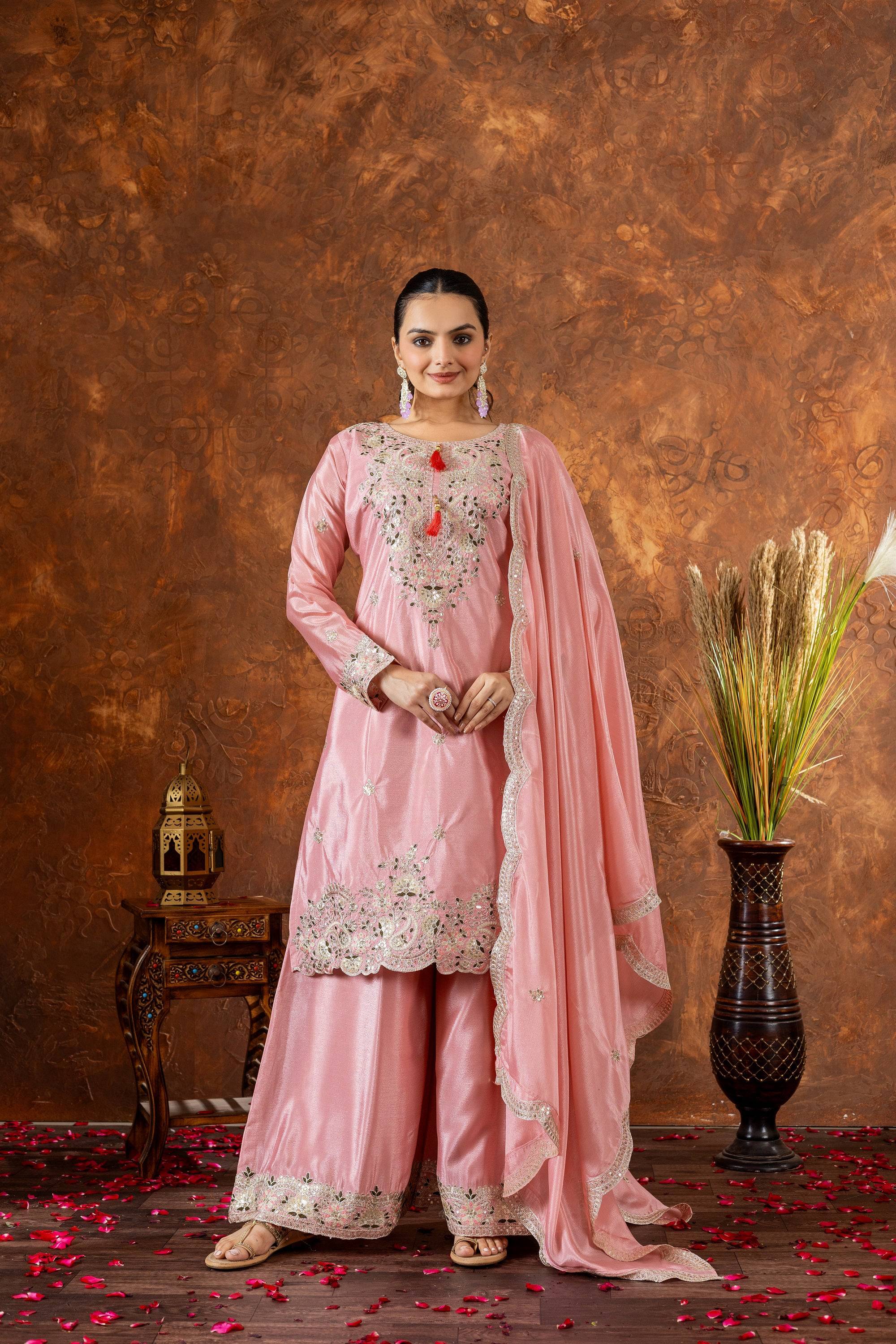 Teeya Creation Peach Color Chinon Silk Heavy Embroidery Work Fully Stitched Salwar Suit - Distacart