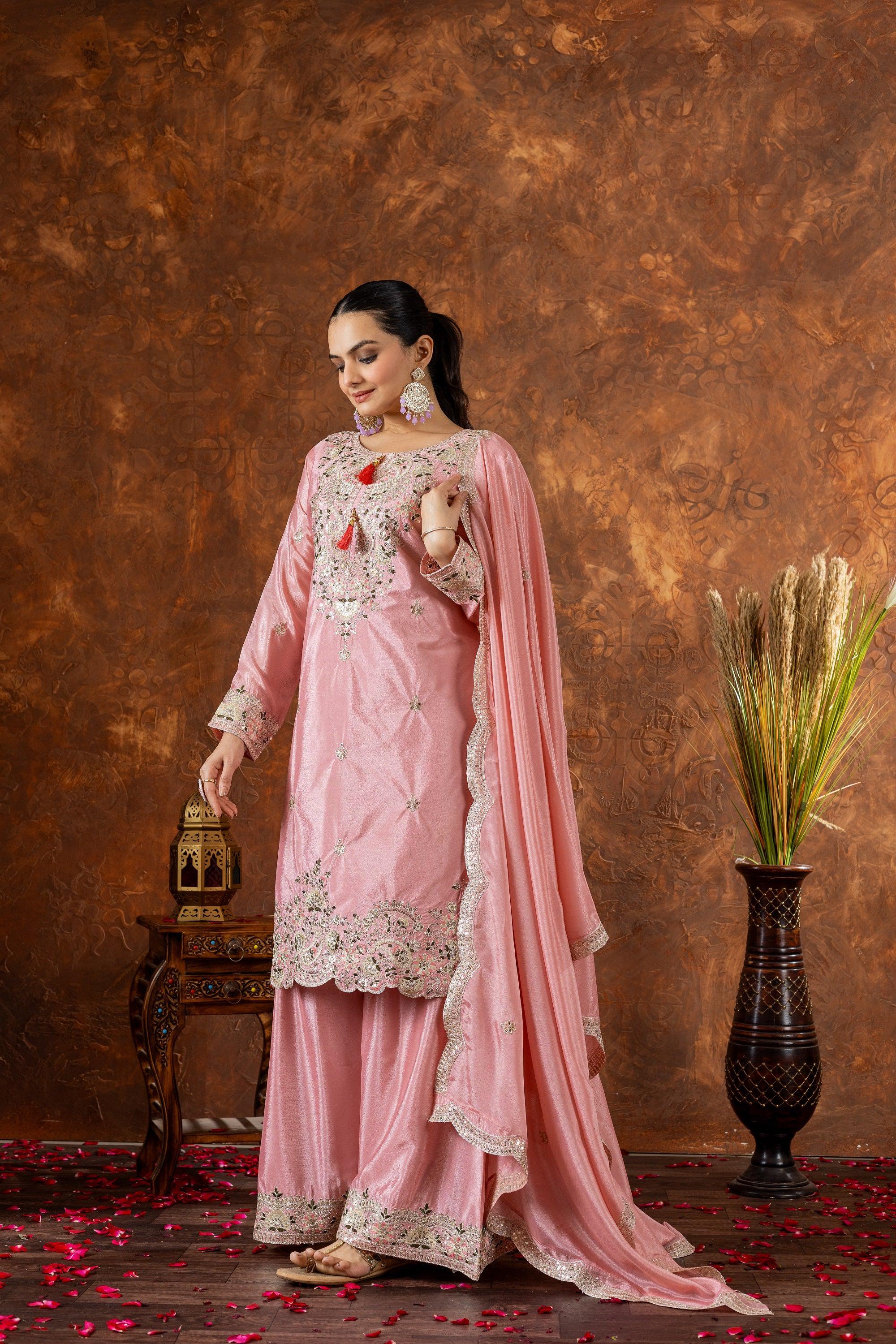 Teeya Creation Peach Color Chinon Silk Heavy Embroidery Work Fully Stitched Salwar Suit - Distacart