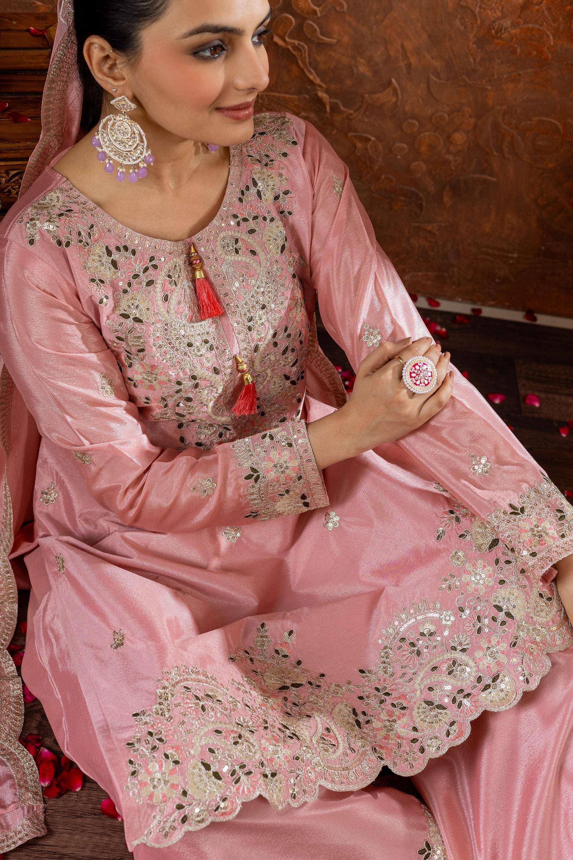 Teeya Creation Peach Color Chinon Silk Heavy Embroidery Work Fully Stitched Salwar Suit - Distacart
