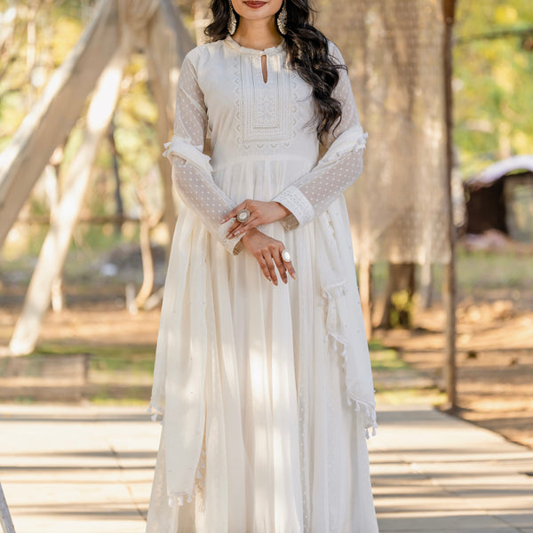 Teeya Creation White Color 1000 Butto Georgette Fabric Heavy embroidery work Fully Stitched Gown - Distacart