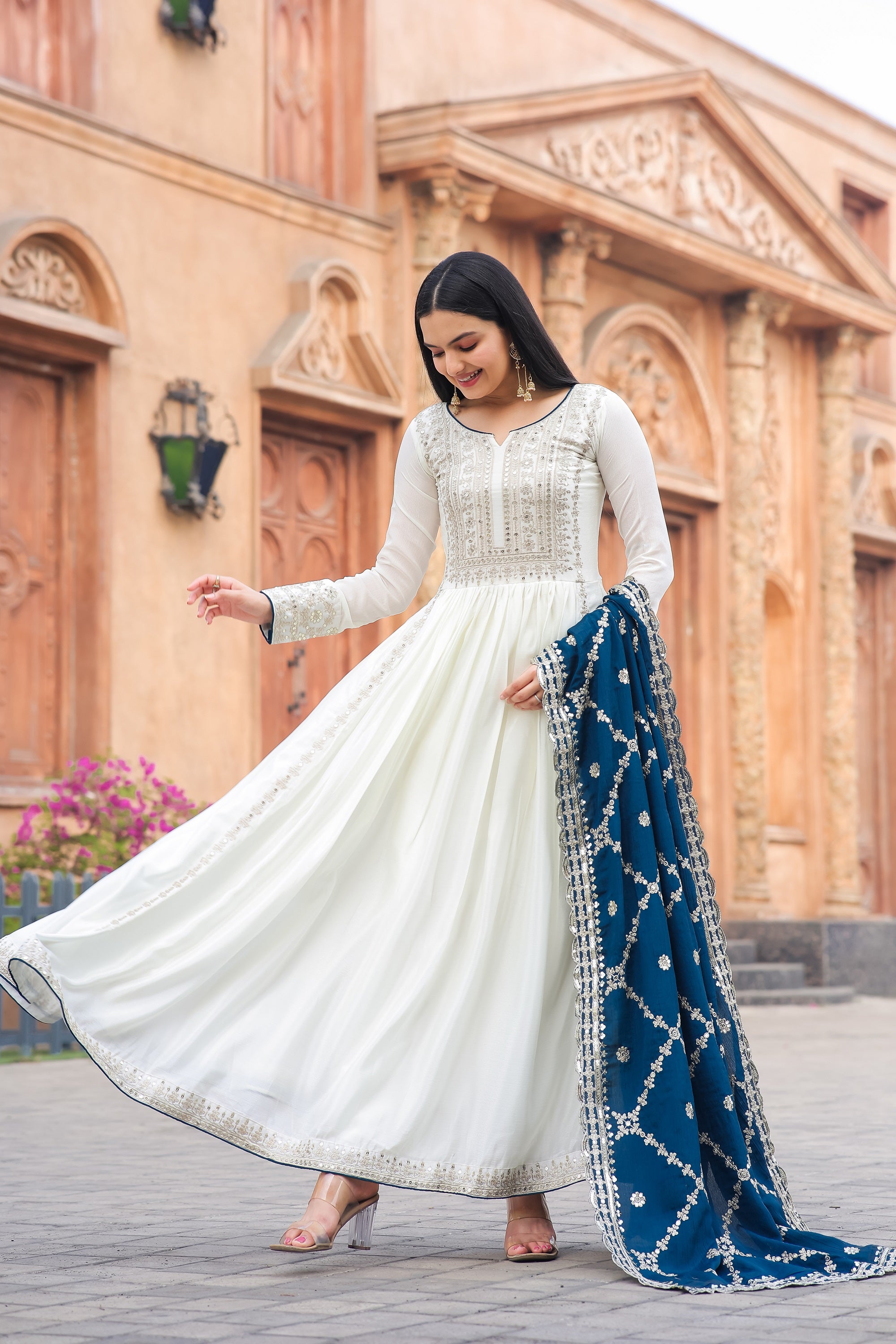 Teeya Creation White Color Chinon Silk Heavy Embroidery Work Fully Stitched Gown - Distacart