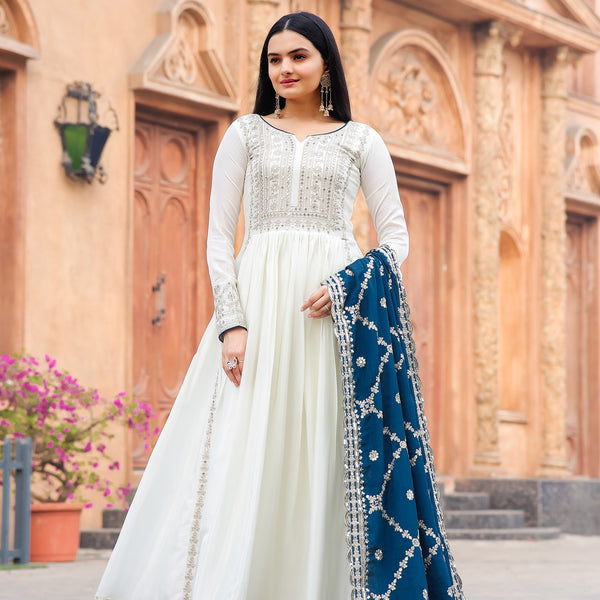 Teeya Creation White Color Chinon Silk Heavy Embroidery Work Fully Stitched Gown - Distacart