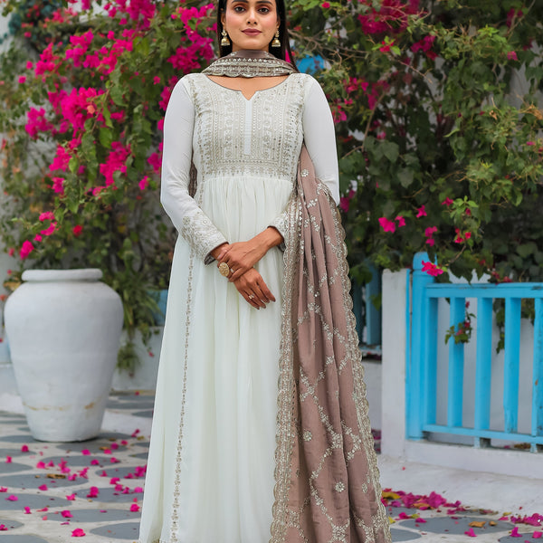Teeya Creation White Color Chinon Silk Heavy Embroidery Work Fully Stitched Gown - Distacart