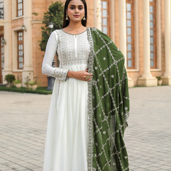 Teeya Creation White Color Chinon Silk Heavy Embroidery Work Fully Stitched Gown - Distacart