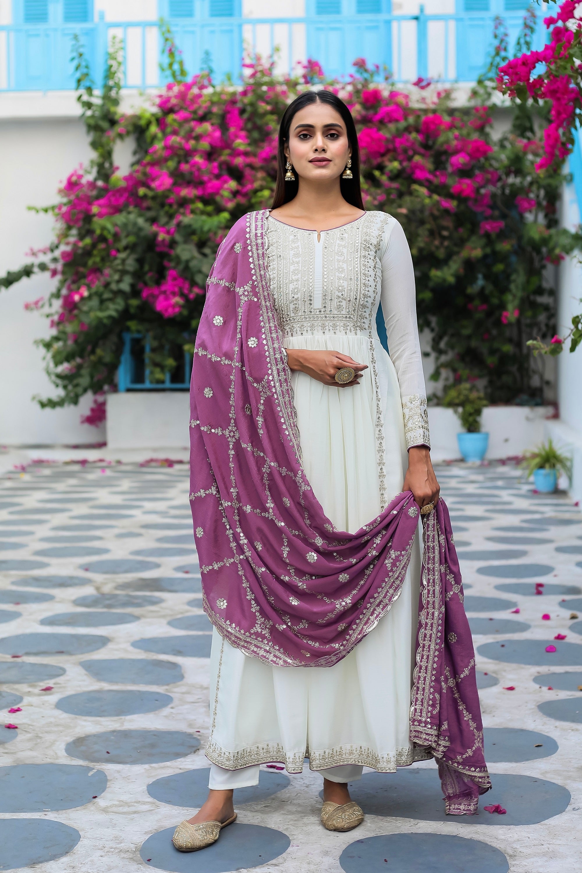 Teeya Creation White Color Chinon Silk Heavy Embroidery Work Fully Stitched Gown - Distacart
