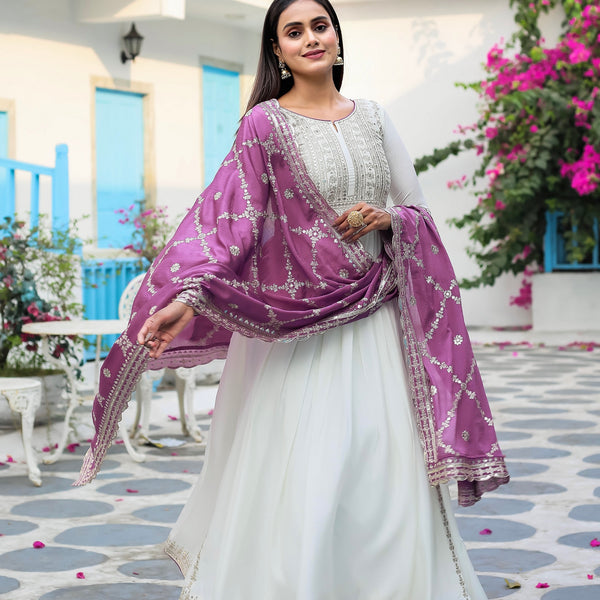 Teeya Creation White Color Chinon Silk Heavy Embroidery Work Fully Stitched Gown - Distacart