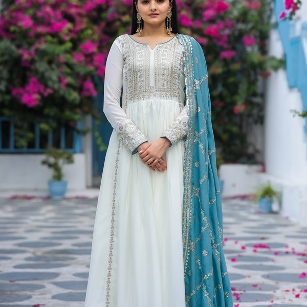 Teeya Creation White Color Chinon Silk Heavy Embroidery Work Fully Stitched Gown - Distacart