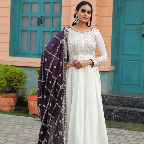 Teeya Creation White Color Chinon Silk Heavy Embroidery Work Fully Stitched Gown - Distacart
