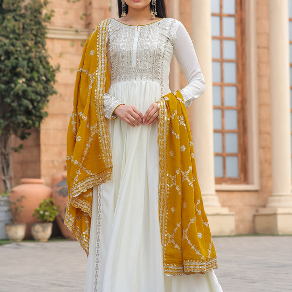 Teeya Creation White Color Chinon Silk Heavy Embroidery Work Fully Stitched Gown - Distacart