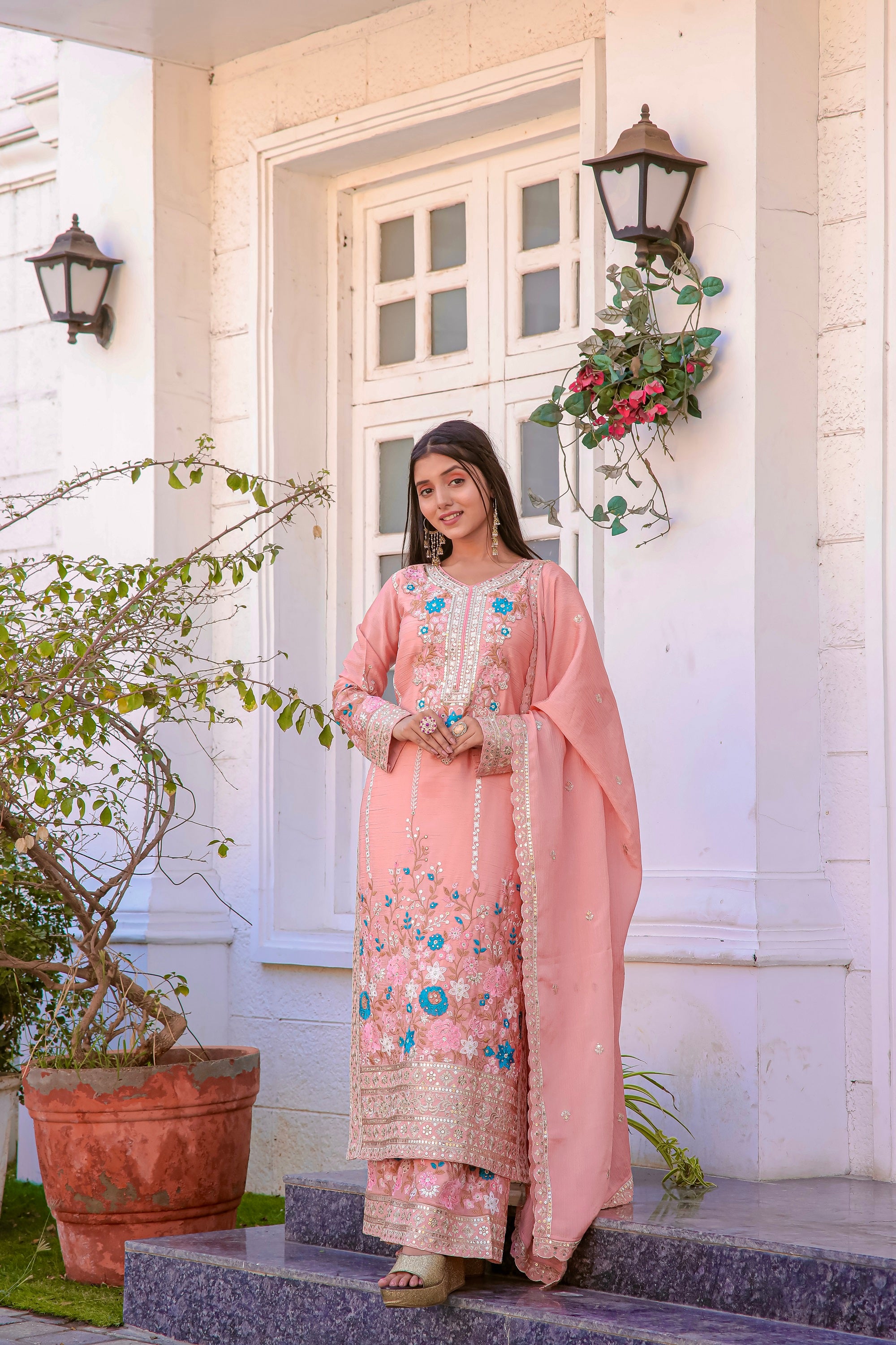 Teeya Creation Peach Color Chinon Silk Heavy Embroidery Work Fully Stitched Salwar Suit - Distacart