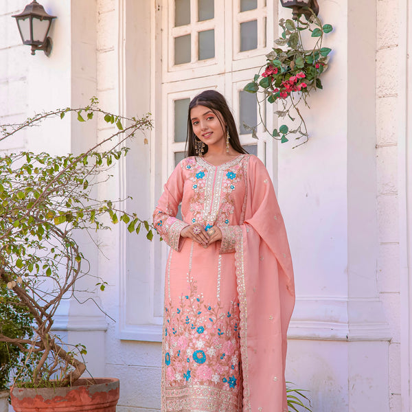 Teeya Creation Peach Color Chinon Silk Heavy Embroidery Work Fully Stitched Salwar Suit - Distacart